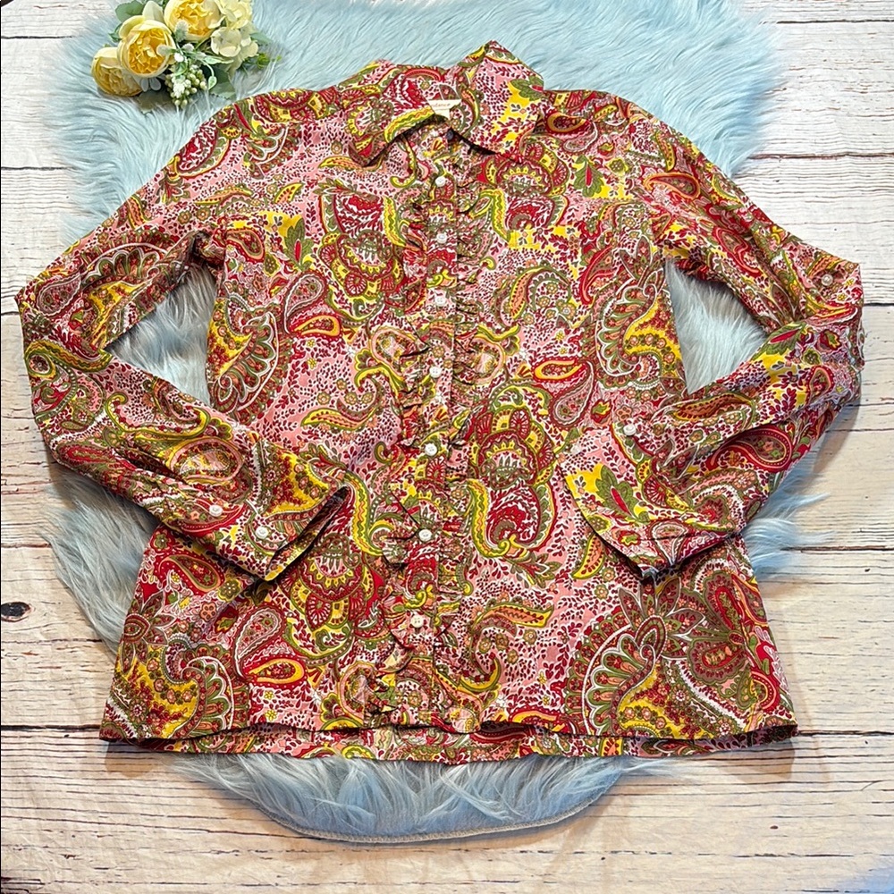 Sundance Paisley Ruffle Long Sleeve Pocket Button Down Shirt sz S